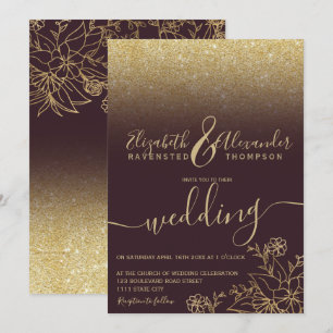 Invitation Parties scintillant florale d'or chic mariage de s