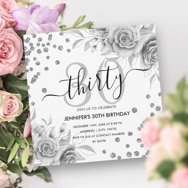 Invitation Parties scintillant florale d'or d'argent 30e anni (Silver Gold Floral Glitter 30th Birthday Script Invitation)