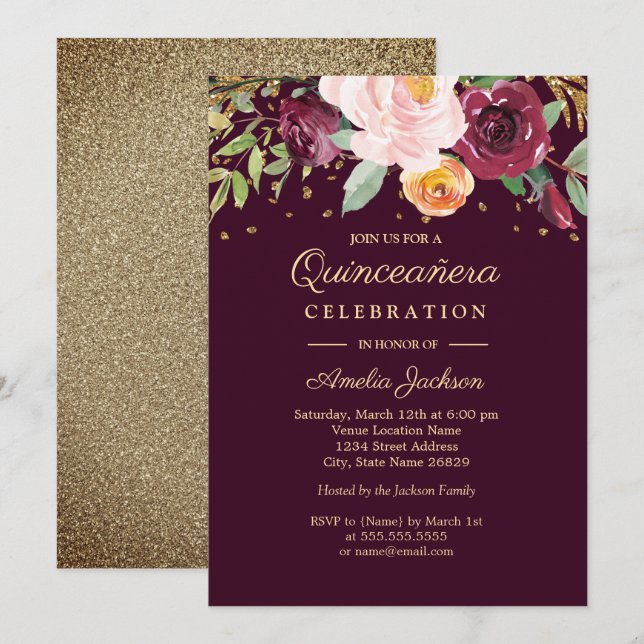 Invitation Parties scintillant florale d'or de Bourgogne Quin (Devant / Derrière)