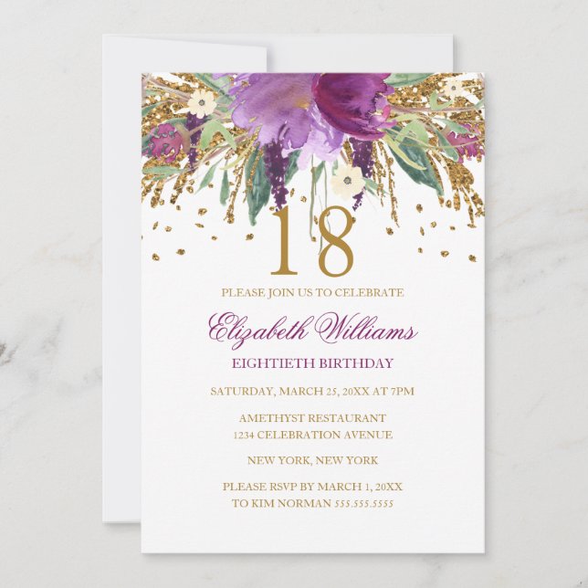 Invitation Parties scintillant florale Étincelle Améthyste 18 (Devant)