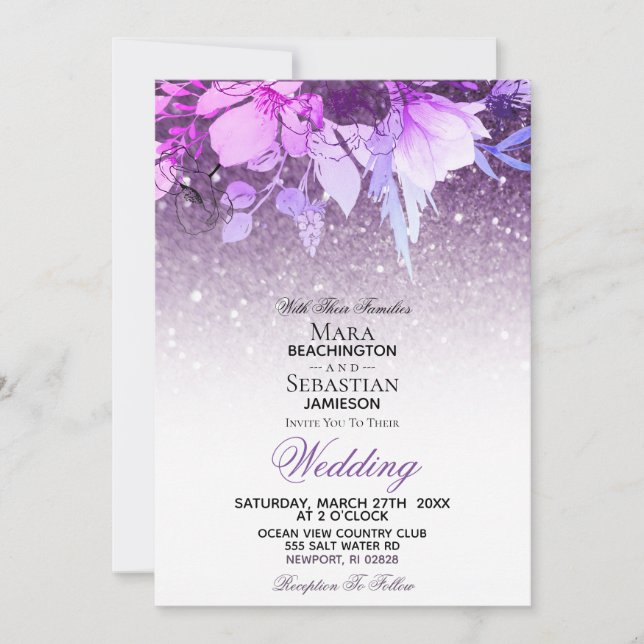 Invitation *~* Parties scintillant florale moderne violet AR1 (Devant)