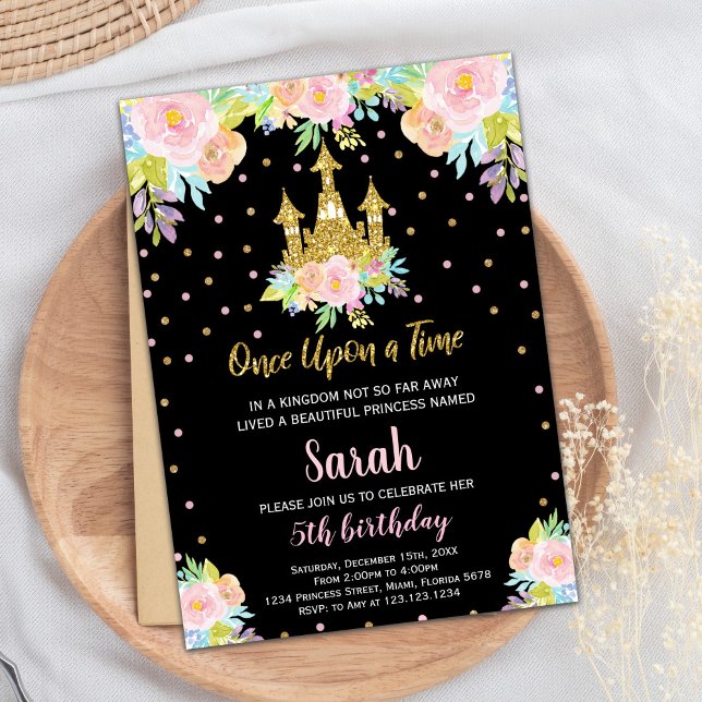 Invitation Parties scintillant Florale Noire Princesse Invita (Black Floral Glitter Princess Birthday Invitation)