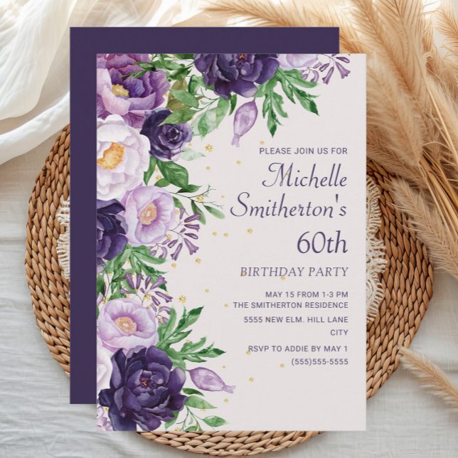 Invitation Parties scintillant florale pourpre 60e anniversai (Elegant purple watercolor floral women's 60th birthday party invitation)