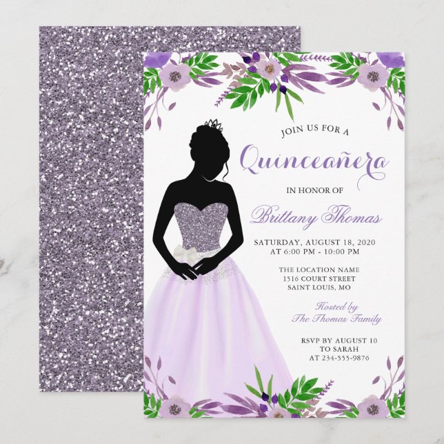 Invitation Parties scintillant florale pourpre Quinceanera 15 (Devant / Derrière)