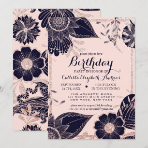 Invitation Parties scintillant florale rose de la Marine rose