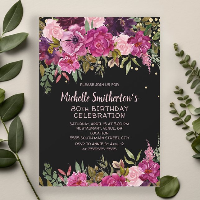 Invitation Parties scintillant florale rose noire 80e anniver (Black 80th birthday party invitation with pink and purple floral and gold glitter)