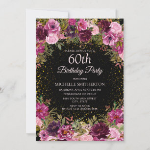 Invitation Parties scintillant florale rose pourpre Noir 60e