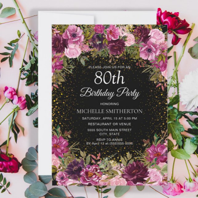 Invitation Parties scintillant florale rose pourpre Noir 80e  (Pink and burgundy floral on black 80th birthday party invitation)