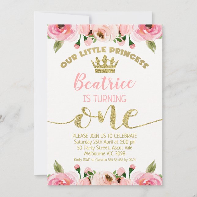 Invitation Parties scintillant florale rose Princess Crown 1e (Devant)