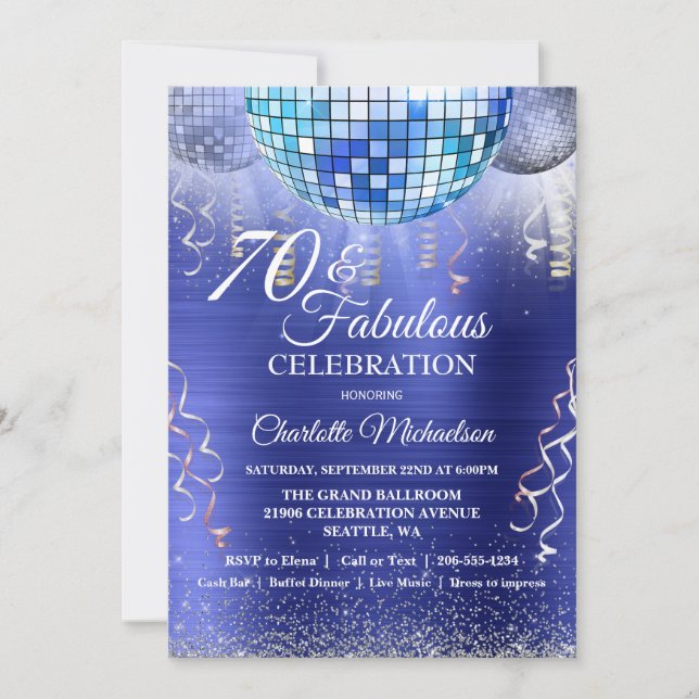 Invitation Parties scintillant Glam 70e anniversaire Blue Dis (Devant)