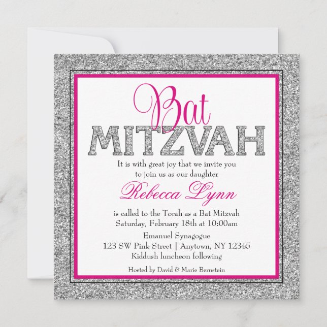 Invitation Parties scintillant Glam Faux Bat mitzvah rose arg (Devant)