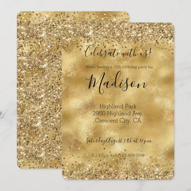 Invitation Parties scintillant Glam Or Sparkle Confetti (Devant / Derrière)