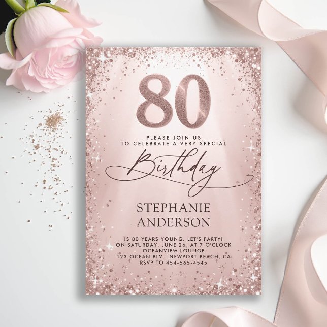 Invitation Parties scintillant Glam Rose Gold Calligraphie 80 (80th birthday invitation for women glitter sparkle rose gold glam elegant stylish luxury)