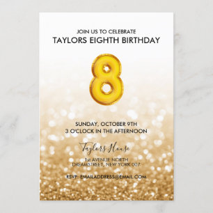 Invitation Parties scintillant Gold Balloon 8e anniversaire