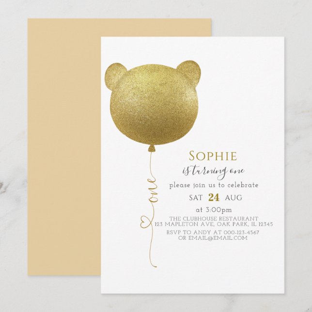 Invitation Parties scintillant Gold Balloon Teddy Bear 1er an (Devant / Derrière)