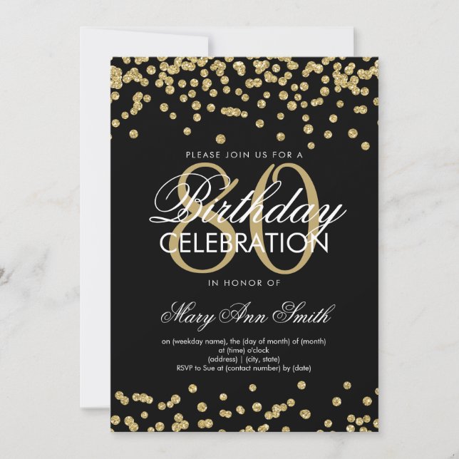 Invitation Parties scintillant Gold Black 80th Birthday Party (Devant)