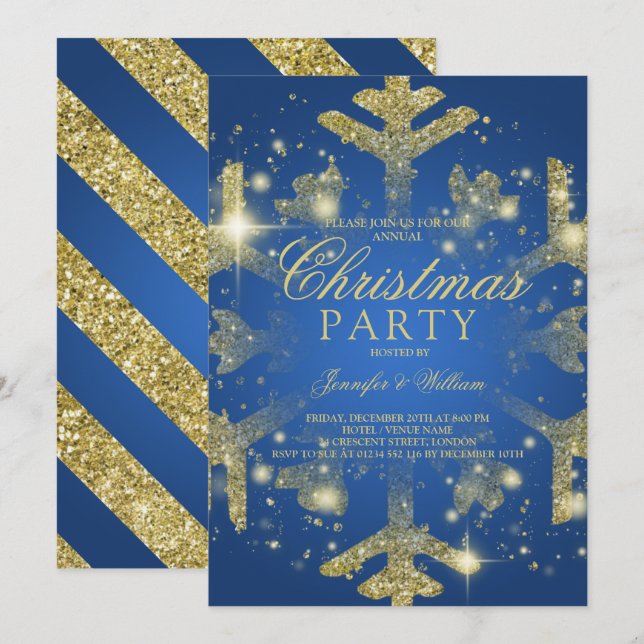 Invitation Parties scintillant Gold & Blue Feu de neige Fête  (Devant / Derrière)