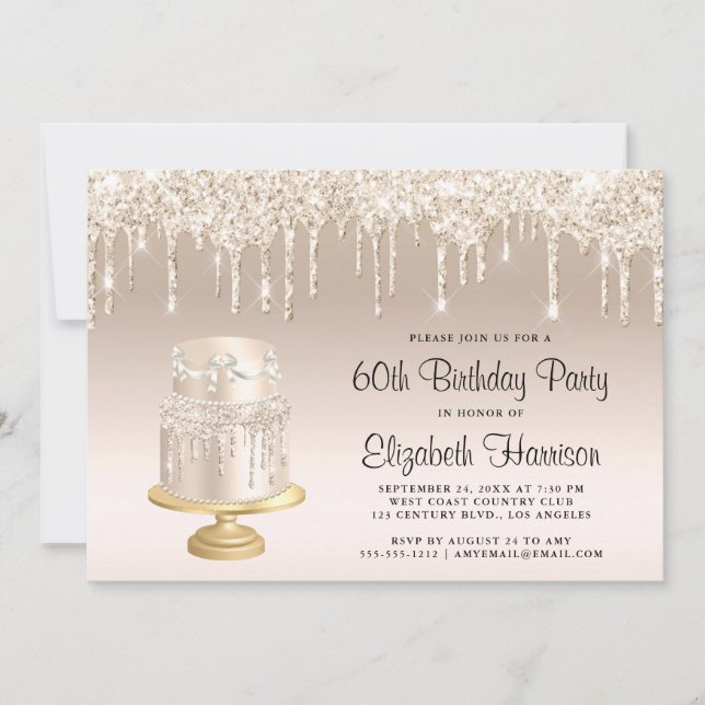 Invitation Parties scintillant Gold Cake 60e fête d'anniversa (Devant)