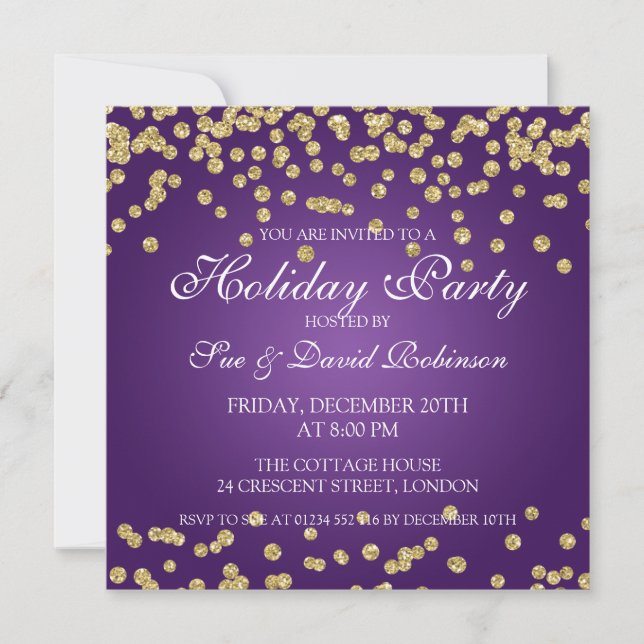 Invitation Parties scintillant Gold Confetti Purple de l'élég (Devant)