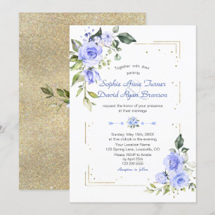 Invitation Parties scintillant Gold de luxe Frame Blue Flower