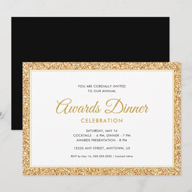 Invitation Parties scintillant Gold Faux | Célébration du dîn (Devant / Derrière)