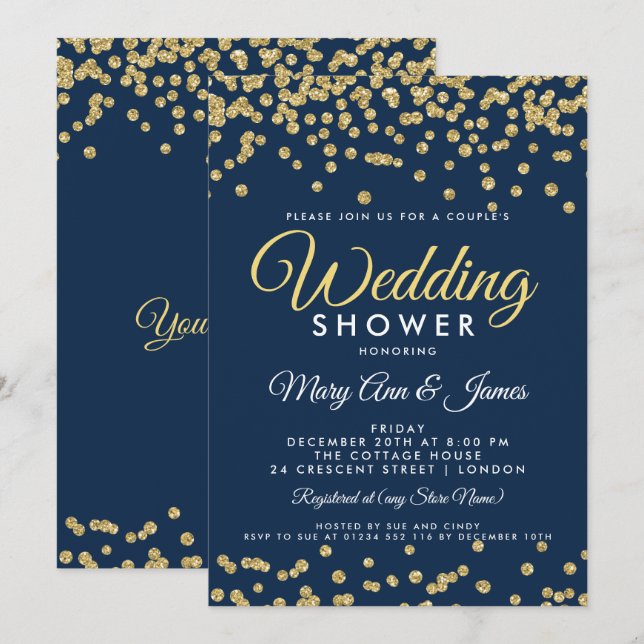 Invitation Parties scintillant Gold Faux Douche Confetti Navy (Devant / Derrière)