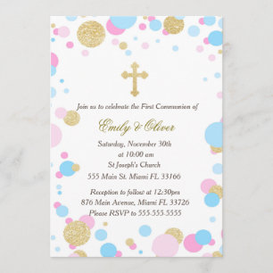 Invitation Parties scintillant Gold Pink Blue Twins Communion