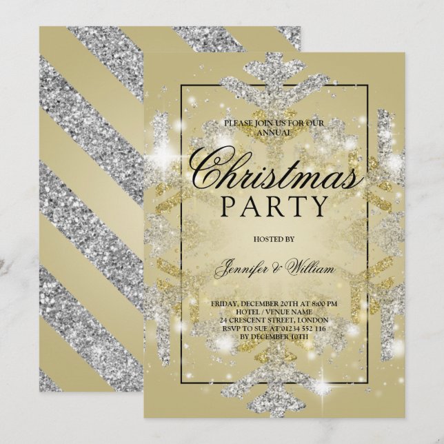 Invitation Parties scintillant Gold & Silver Fête de Noël (Devant / Derrière)