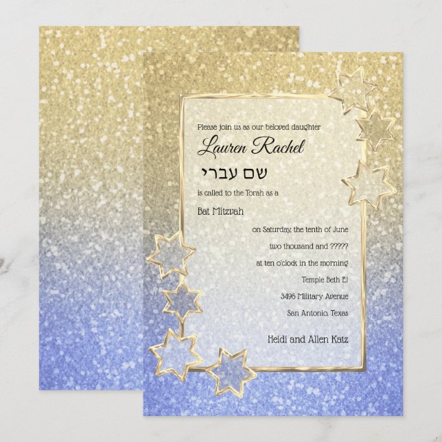 Invitation Parties scintillant Gold Star Gold Blue Ombre bat  (Devant / Derrière)