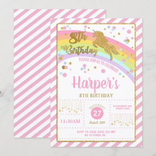 Invitation Parties scintillant Gold Unicorn 8e anniversaire I