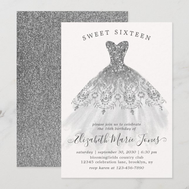 Invitation Parties scintillant gris argent glam robe douce 16 (Devant / Derrière)
