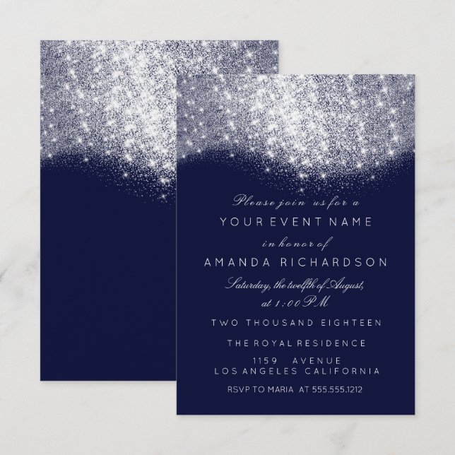 Invitation Parties scintillant gris argenté blanc bleu marine (Devant / Derrière)