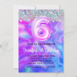 Invitation Parties scintillant holographique 6ème fille viole