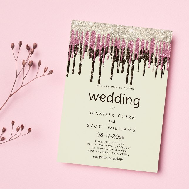 Invitation Parties scintillant ivoire noir or rose glam goutt (Ivory black gold pink glam glitter drips wedding)
