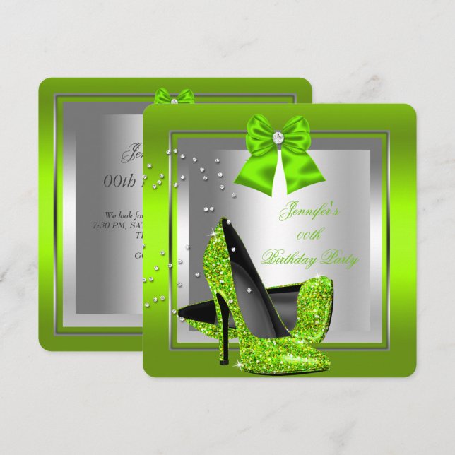Invitation Parties scintillant Lime Green High Heure Annivers (Devant / Derrière)