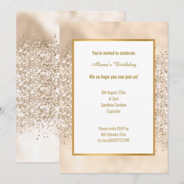 INVITATION PARTIES SCINTILLANT LUXE CHAMPAGNE ANNIVERSAIRE (Devant / Derrière)