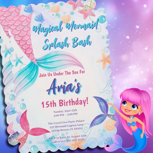 Invitation Parties scintillant Magique de la queue de sirène  (Magical Mermaid Birthday Party Invitation)