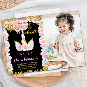 Invitation Parties scintillant magique noire Unicorn Annivers