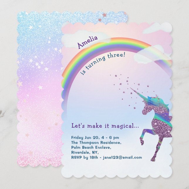 Invitation Parties scintillant Magique Unicorn, Rainbow & Sta (Devant / Derrière)