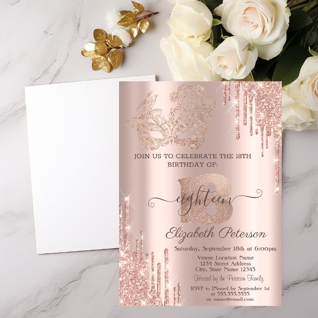 Invitation Parties scintillant Masque Drips Rose Gold 18e ann (Créateur téléchargé)