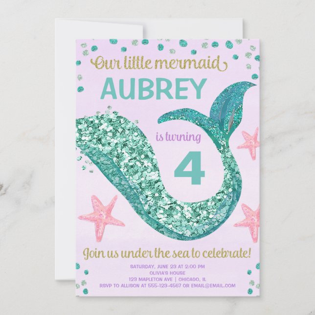 Invitation Parties scintillant Mermaid queue rose violet turq (Devant)