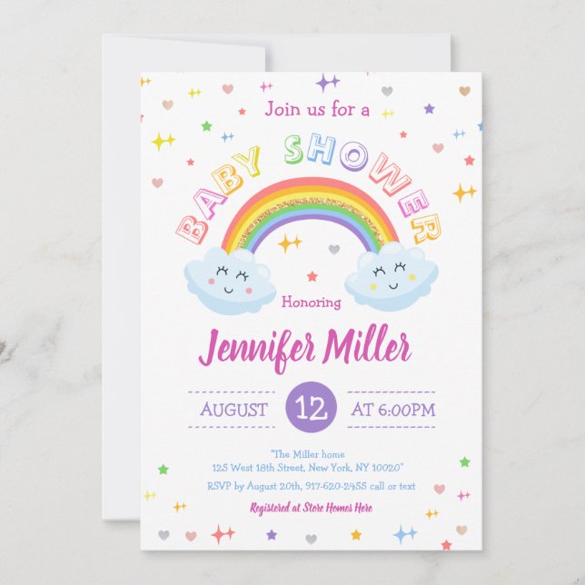 Invitation Parties scintillant mignonne arc-en-ciel nuages co (Devant)