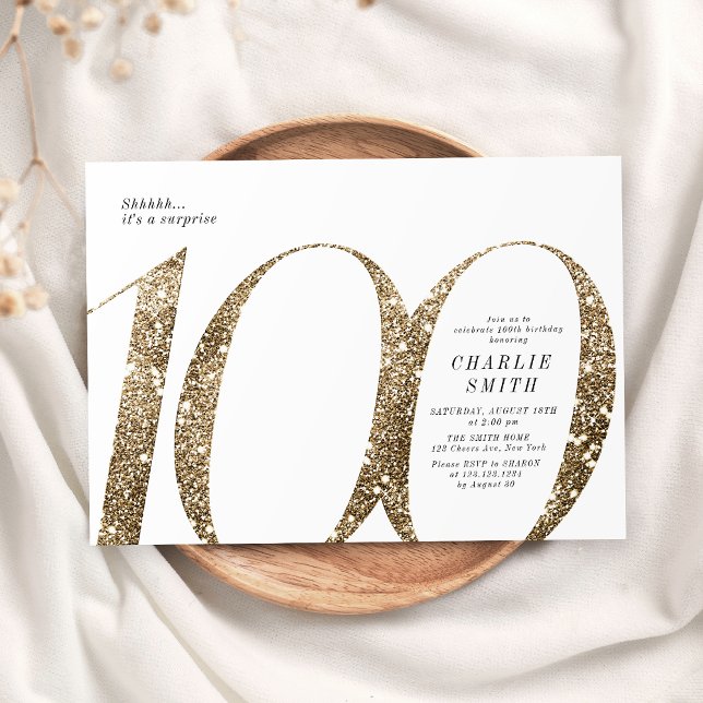 Invitation Parties scintillant minimaliste en faux or moderne (Modern minimalist faux gold glitter 100th birthday invitation)