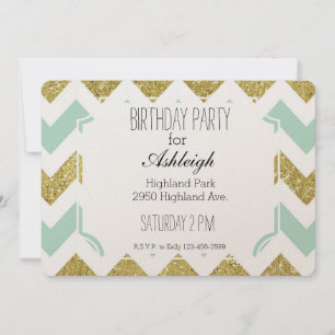Invitation Parties scintillant Mint et Gold Faux Chevron anni