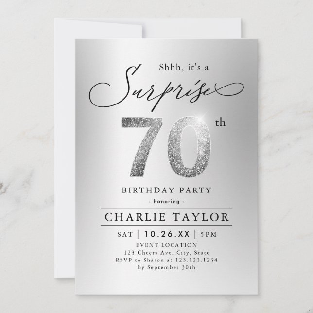 Invitation Parties scintillant moderne argent surprise adulte (Devant)