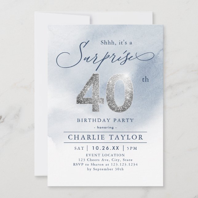 Invitation Parties scintillant moderne argent surprise adulte (Devant)