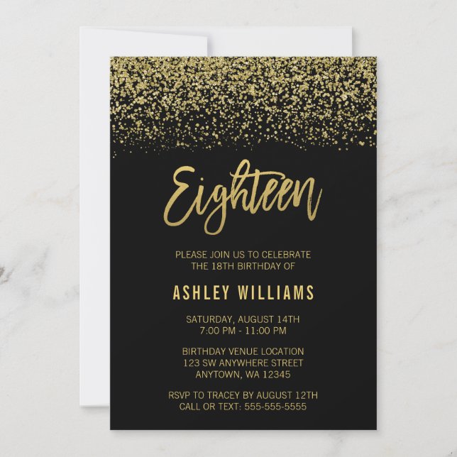 Invitation Parties scintillant moderne Black Gold Faux 18e an (Devant)
