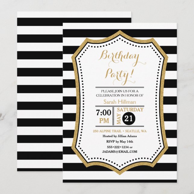 Invitation Parties scintillant moderne Black White Gold (Devant / Derrière)