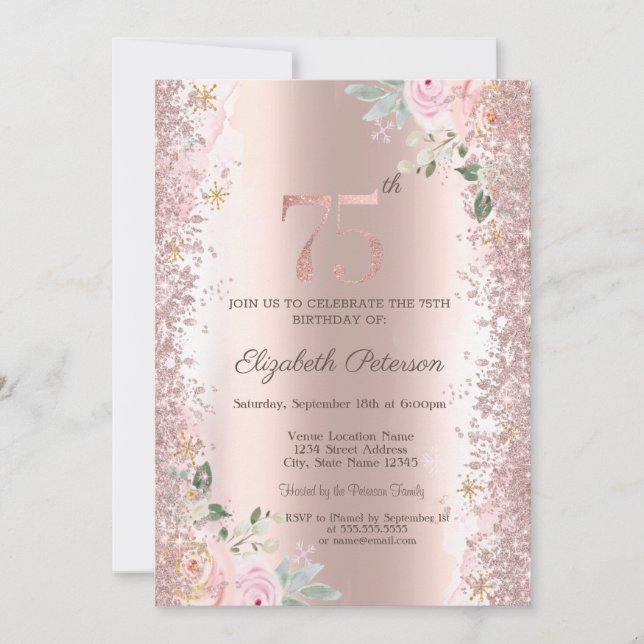 Invitation Parties scintillant moderne Confetti Rose Roses or (Devant)