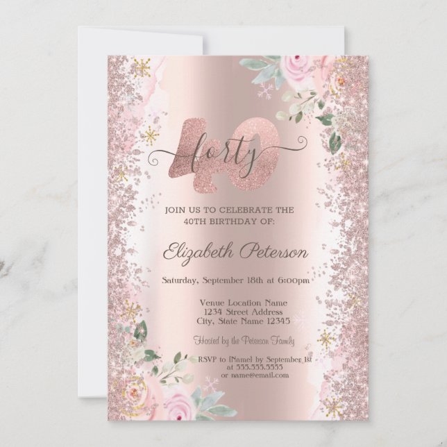 Invitation Parties scintillant moderne Confetti Rose Roses or (Devant)